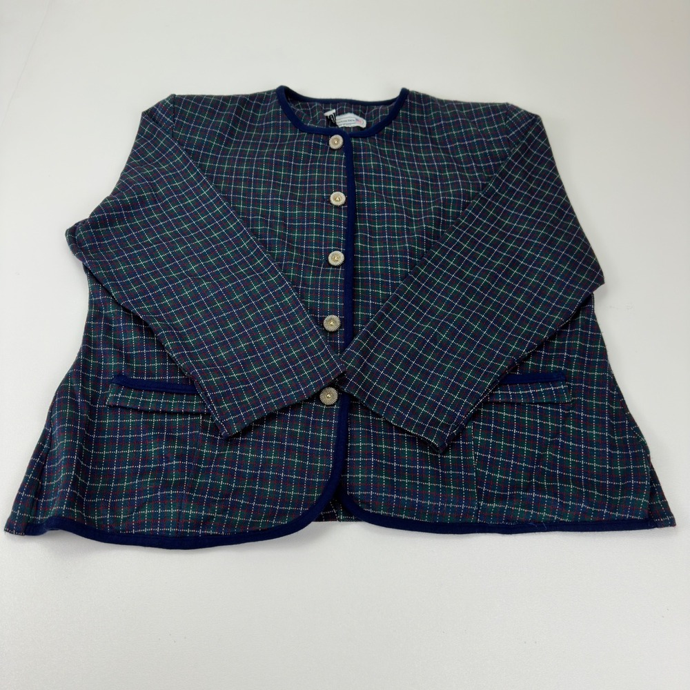 Pablo Collection Womens Vintage Plaid Knit Blazer Navy Green Red Size 18 USA